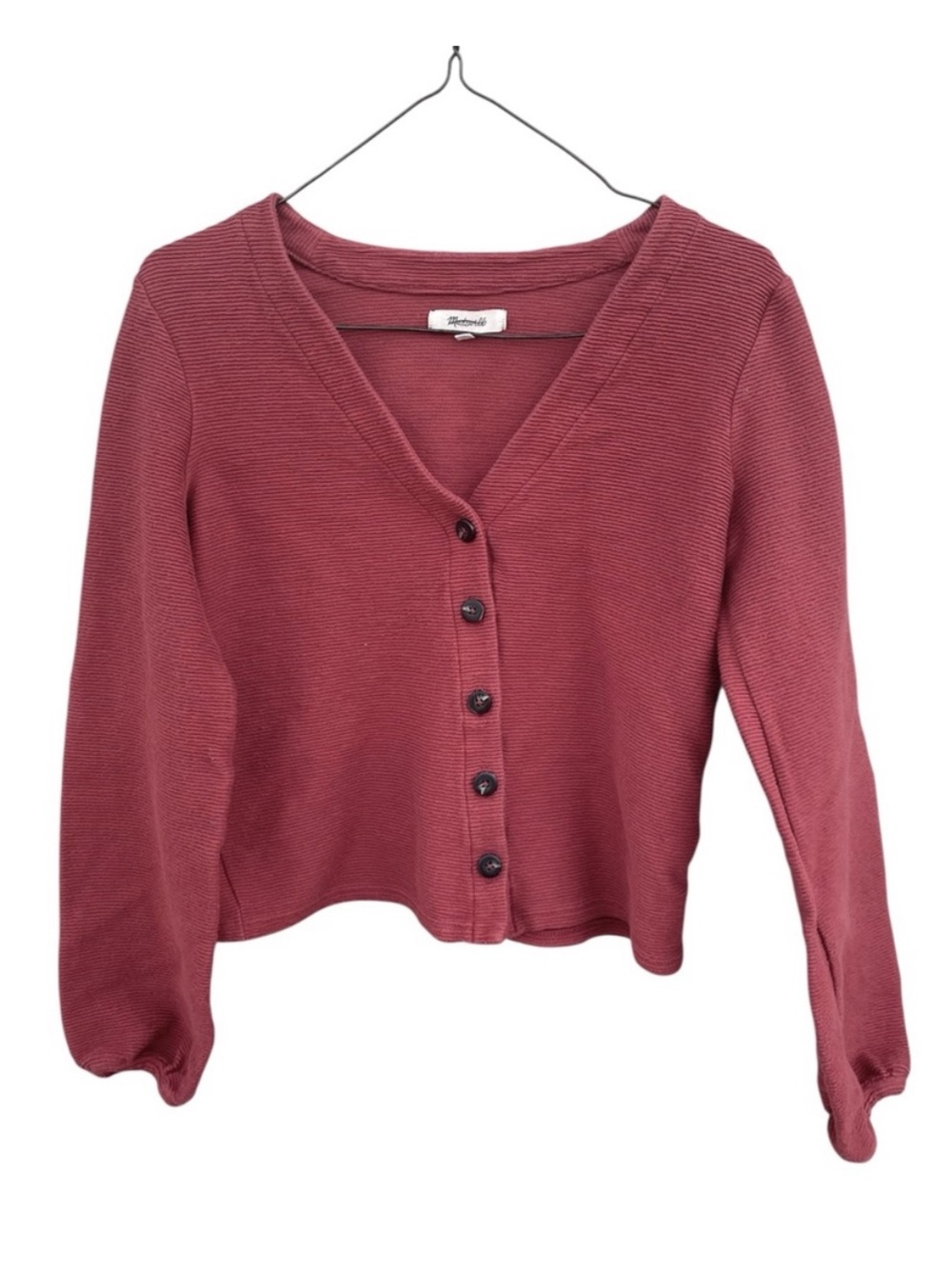 Madewell Rose Mauve Ribbed Button Cardigan Bubble Sleeves